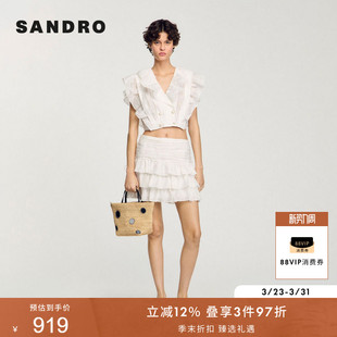 一体荷叶边短款 SANDRO2025春季 V领双排金属扣肩袖 法式 上衣 女装