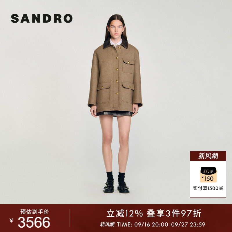 SANDRO女装迪木尔风法式时尚休闲羊皮革撞色翻领多口袋金色扣外套图片