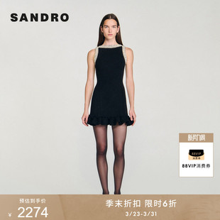 黑色仿珠饰荷叶边下摆针织连衣裙 法式 季 末6折SANDRO2025秋冬女装