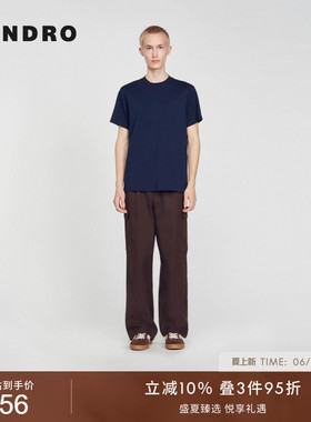 SANDRO男装法式休闲气质舒适棉质深蓝色正肩休闲针织圆领T恤上衣
