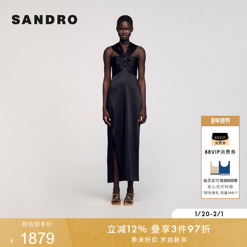 SANDRO2025春夏女装法式气质黑色缎面扭结挂脖露背侧开衩连衣裙,女装/女士精品,连衣裙,淘宝优惠券,粉丝福利购,淘宝优惠卷