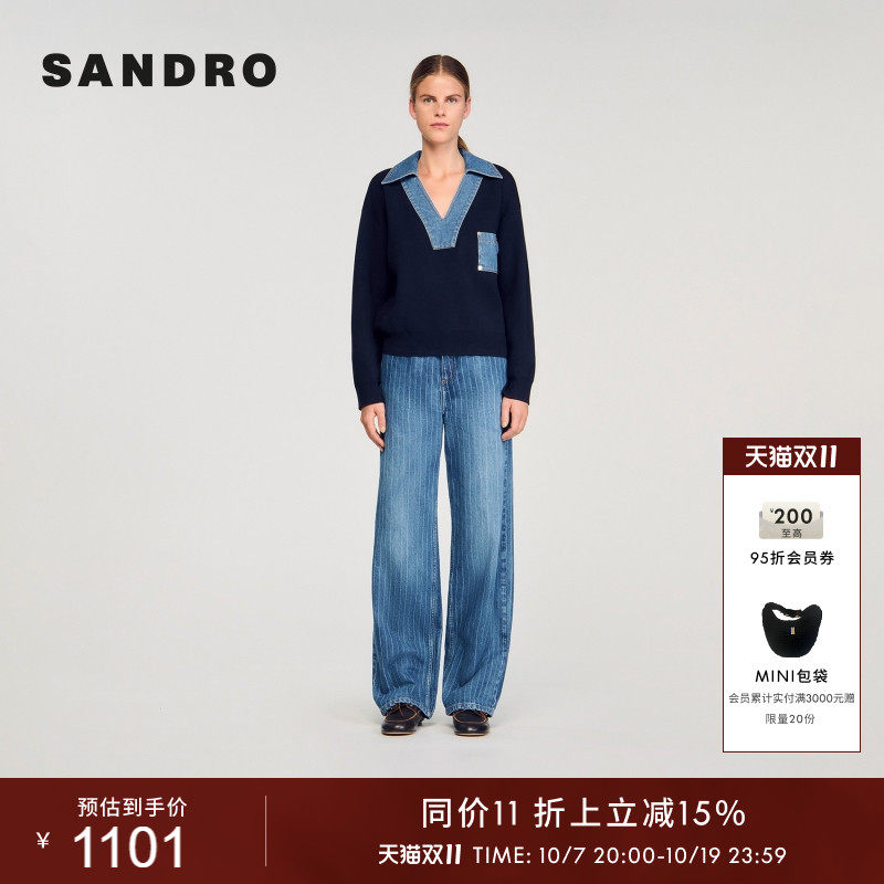 SANDRO女装法式时尚休闲气质深蓝色拼接牛仔翻领长袖短款针织卫衣