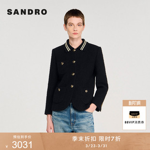 黑色针织条纹短款 季 时尚 法式 花呢外套 末7折SANDRO2025秋冬女装