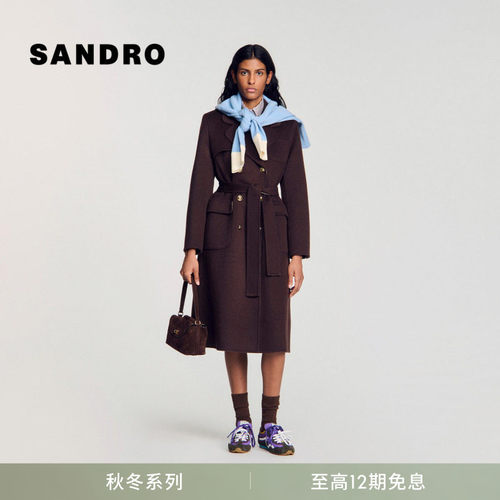 SANDRO翻领腰带贴袋绵羊毛外套