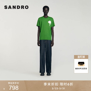 棉质绿色撞色短款 季 时尚 法式 印花T恤上衣 末6折SANDRO2025秋冬男装