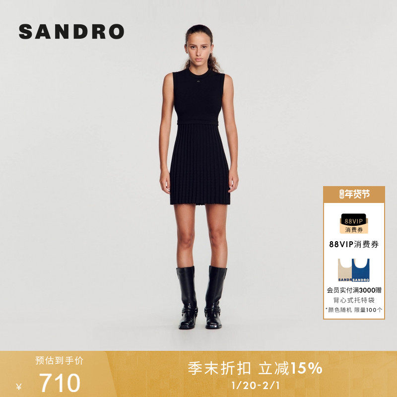 SANDRO春夏女装法式经典黑色假两件百褶无袖圆领针织连衣裙小黑裙,女装/女士精品,连衣裙,淘宝优惠券,粉丝福利购,淘宝优惠卷