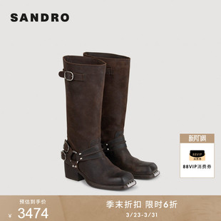 皮带金属扣粗跟牛皮革长筒靴 时尚 季 末6折SANDRO2025秋冬女士法式