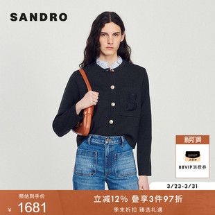 针织开衫 SANDRO秋冬女装 优雅灰色可拆卸花边领S刺绣短款 时尚 法式