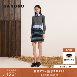 SANDRO秋冬女装 深灰色撞色可拆卸领仿钻假两件针织毛衣上衣 法式