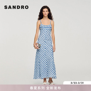 法式 女装 时尚 蓝白格纹修身 连衣裙 SANDRO2026春季 细吊带长款 新款