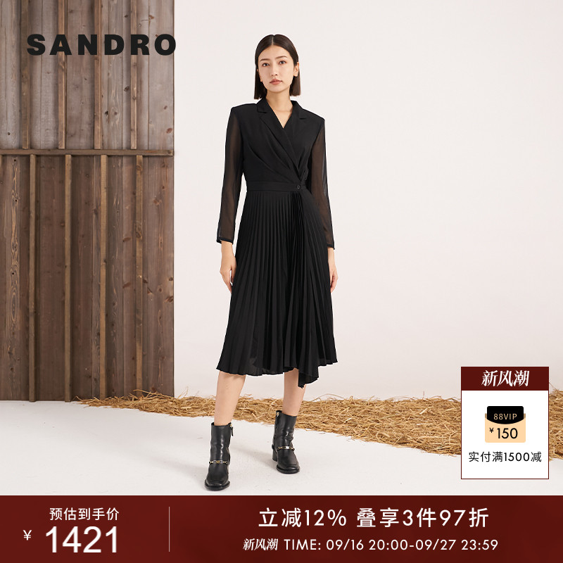 sandro女装长袖百褶连衣裙图片