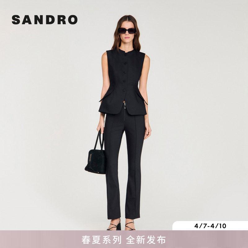 SANDRO2026春夏新款女装法式简约经典黑色圆领同色系门襟收腰马甲