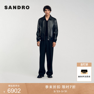 黑色金属拉链翻领休闲皮衣夹克外套 法式 季 末7折SANDRO秋冬男装