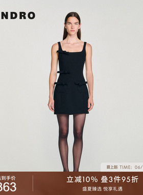 SANDRO女装法式时尚简约黑色方领蝴蝶结吊带收腰无袖短款连衣裙