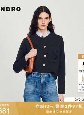 SANDRO秋冬女装法式时尚优雅灰色可拆卸花边领S刺绣短款针织开衫