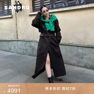 法式 迪木尔风绵羊毛大衣皮革毛呢外套 末7折SANDRO2025秋冬女装 季