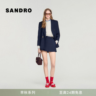 分期免息SANDRO2026早秋新款女装法式简约细竖条纹肌理高腰短裤