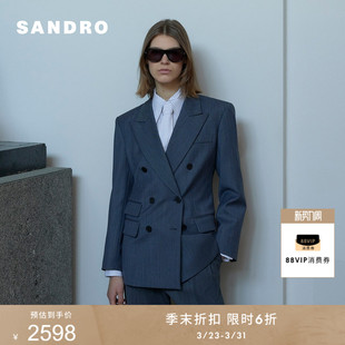 蓝色条纹戗驳领双排扣西装 法式 外套 末6折SANDRO2025秋冬女装 季