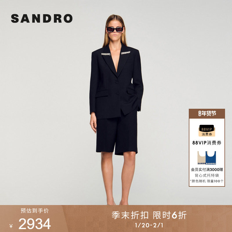 季末6折SANDRO2025秋季新款女装平驳领仿钻饰点缀黑色西装外套,女装/女士精品,短外套,淘宝优惠券,粉丝福利购,淘宝优惠卷