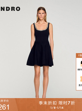 季末7折SANDRO2025秋冬新款女装黑色收腰仿钻点缀U领背心连衣裙