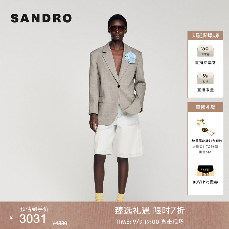 SANDRO立体花朵胸针格纹西装图片