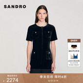 末6折SANDRO2025秋季 新款 女装 季 法式 仿珠饰领拼接裙摆黑色连衣裙