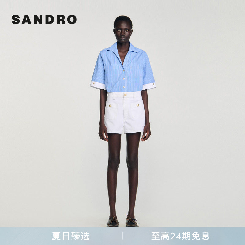 SANDRO女装法式时尚气质简约棉质亮色钮扣白色高腰休闲短裤