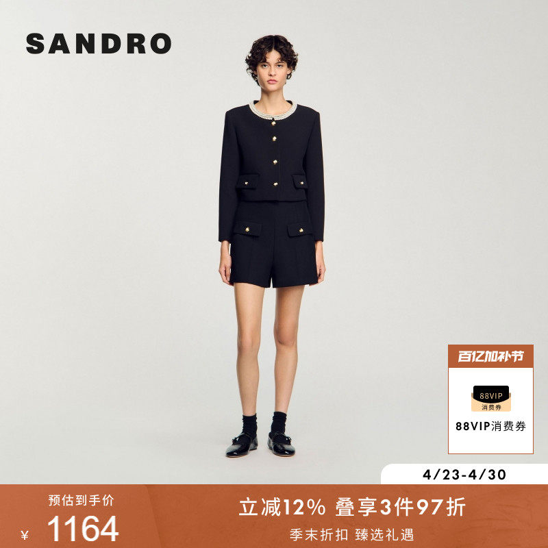 SANDRO2025夏季女装法式气质优雅黑色金色纽扣高腰显瘦直筒短裤