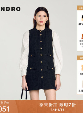 季末7折SANDRO秋冬女装法式黑色多口袋亮色扣无袖短款花呢连衣裙