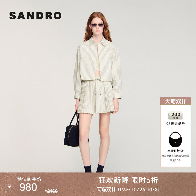 【明星同款】SANDRO2026夏季新款女装法式仿钻饰弧形下摆翻领衬衫