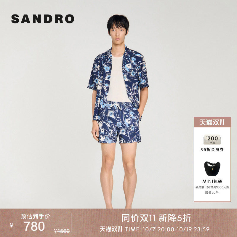 SANDRO2026夏季新款男装法式简约复古印花图案松紧腰抽绳直筒短裤