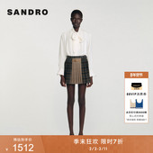 末7折SANDRO2025秋冬新款 女装 法式 季 学院风格 纹皮扣百褶半身裙