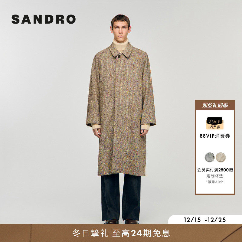 SANDRO绵羊毛单粒扣直筒长款大衣