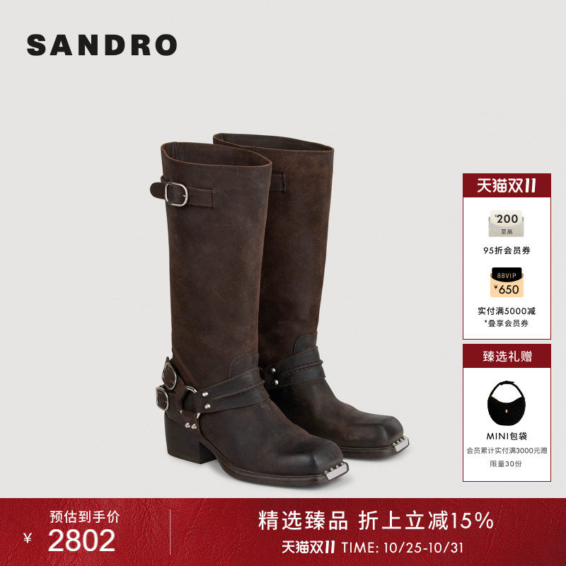 SANDRO女士法式时尚简约经典复古皮带金属扣粗跟方头牛皮革长筒靴