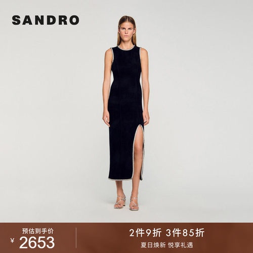 SANDRO开衩黑色无袖连衣裙
