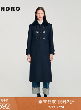 季末7折SANDRO2025秋冬新款女装可拆卸毛领复古牛角扣A字毛呢大衣