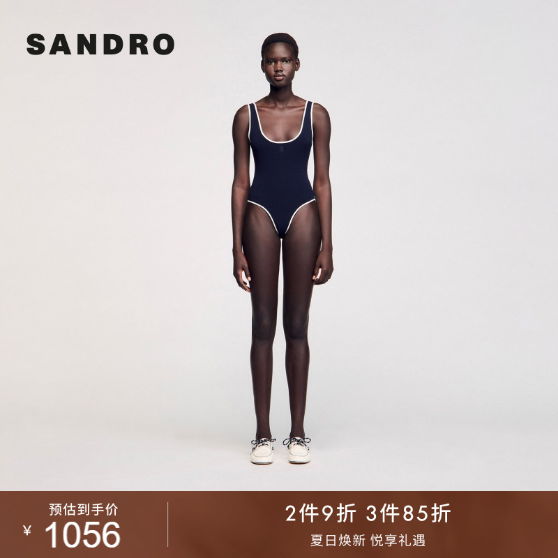 线上专享SANDRO夏季女装法式时尚气质深蓝色修身针织连体背心上衣