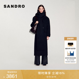 SANDRO秋冬女装法式简约时尚绵羊毛黑色围巾领双排扣大衣毛呢外套