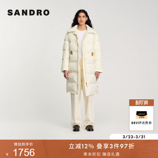 白色收腰袢带翻领中长款 气质优雅时尚 棉服外套 法式 SANDRO秋冬女装