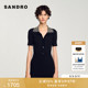 SANDRO2025秋冬女装 优雅黑色仿珠饰大翻领竖排扣短袖 针织连衣裙