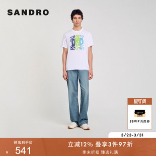 休闲棉质白色撞色印花图案圆领针织T恤衫 SANDRO2025春夏男装 时尚