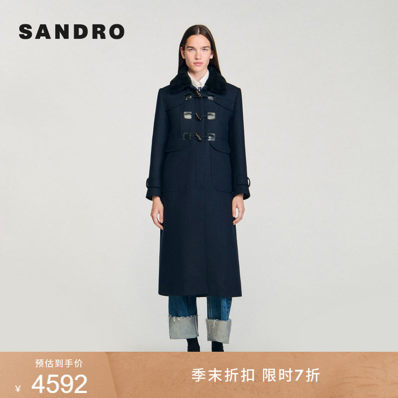 季末7折SANDRO2025秋冬女装法式可拆卸毛领复古牛角扣A字毛呢大衣