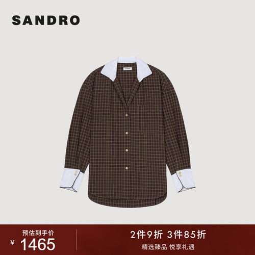 落肩袖棉质细格纹衬衫