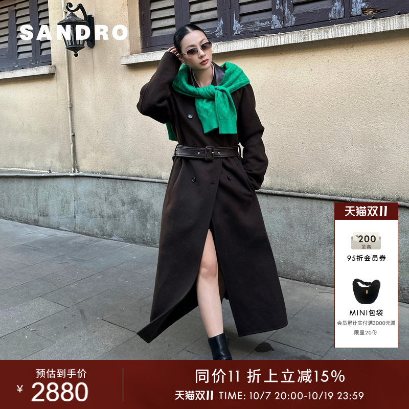SANDRO女装法式时尚简约迪木尔风腰带收腰绵羊毛大衣皮革毛呢外套