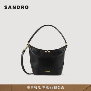 SANDRO博主同款 款 女士法式 质感黑色金属旋转扣皮包 2025秋冬经典