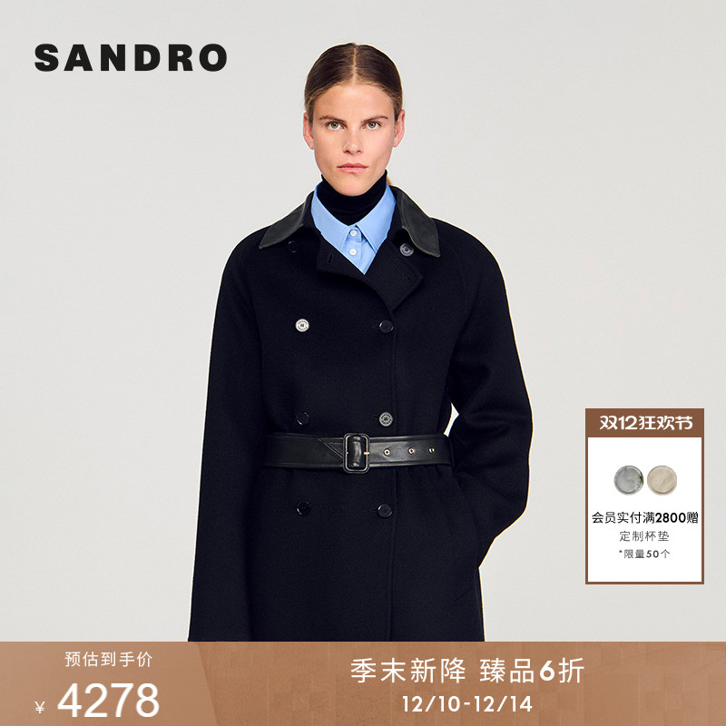 SANDRO黑色绵羊毛大衣外套