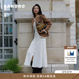 SANDRO博主同款2025秋冬新款女装气质白色菱形格纹花边针织连衣裙