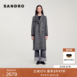 优雅灰色复古格纹翻领长款 时尚 毛呢大衣外套 法式 SANDRO秋冬女装