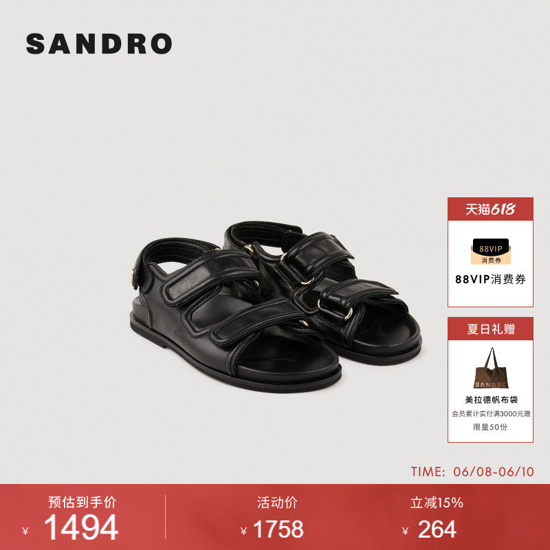 SANDRO夏季女士法式时尚气质简约羊皮革黑色经典简约前后搭扣凉鞋