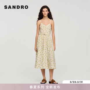 法式 新品 女装 新款 棉质米白色碎花吊带连衣裙 首发SANDRO2026春季